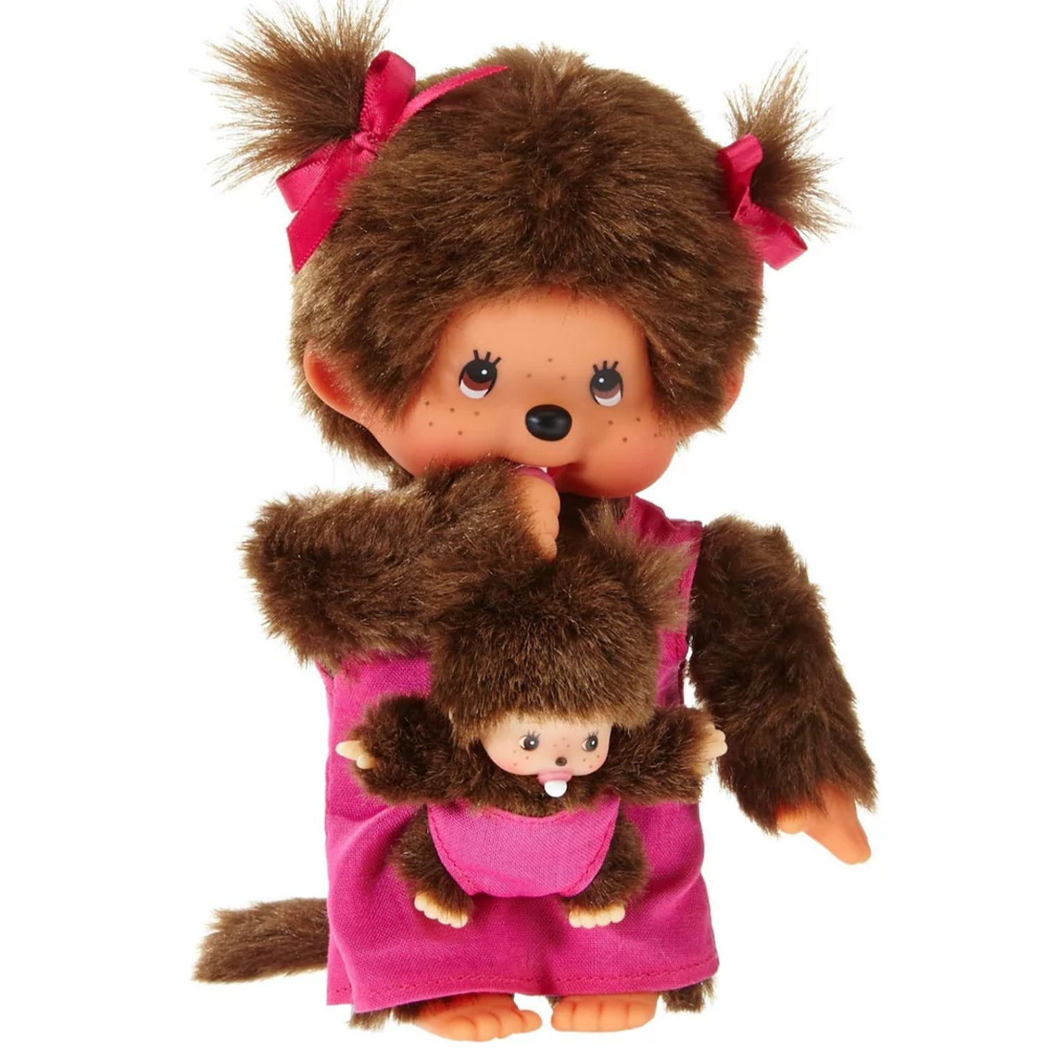 Official Sekiguchi Monchhichi 8-inch Mothercare pink plush doll holding a matching baby monkey, often spelled Monchichi.
