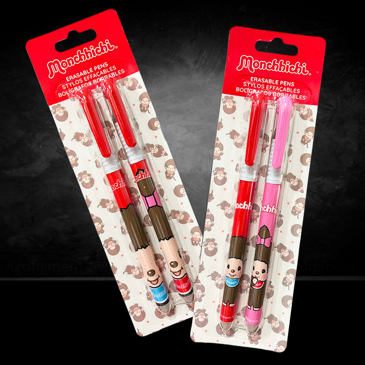 Sekiguchi Monchhichi erasable pen set featuring four vintage collectible pens with playful character designs