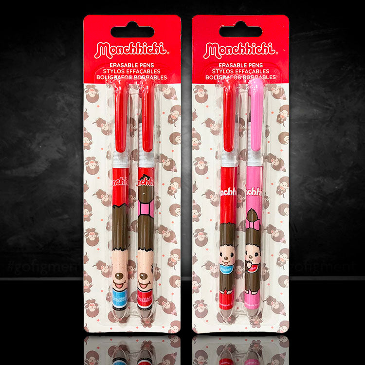 Two Monchhichi erasable pen sets by Sekiguchi featuring vintage character designs and red or pink caps on display cards.