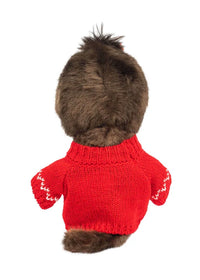 Back view of a brown furry doll wearing a red knitted sweater with a visible tail