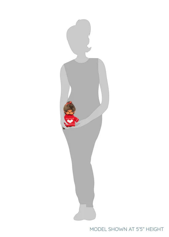 Gray human silhouette holding a small red dressed doll for scale, labeled model shown at five feet five inches