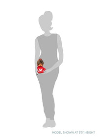 Gray human silhouette holding a small red dressed doll for scale, labeled model shown at five feet five inches