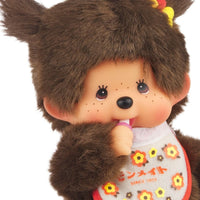 8" Large Monchhichi Doll - Retro Monmate Girl - Authentic Monkey Plush, NWT by Sekiguchi with floral bib