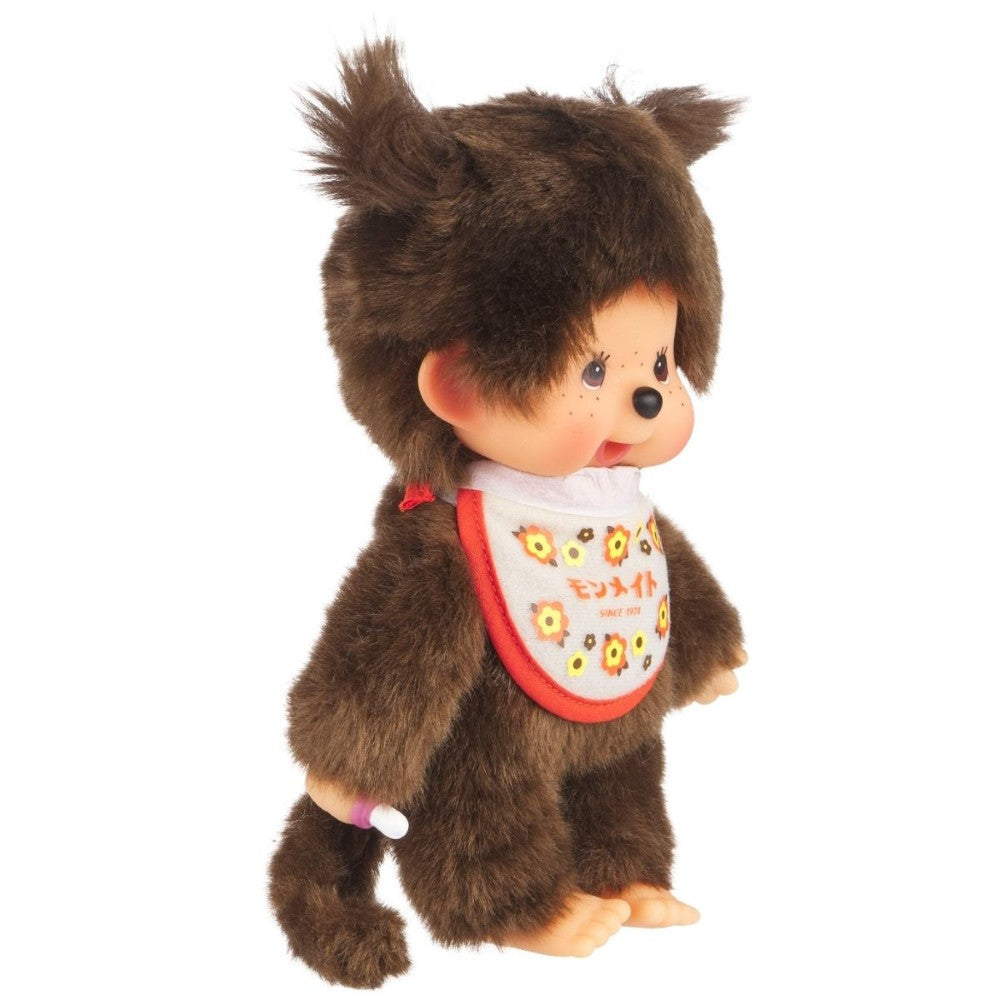 8" Large Monchhichi Doll - Retro Monmate Girl - Authentic Monkey Plush, NWT by Sekiguchi standing against white background