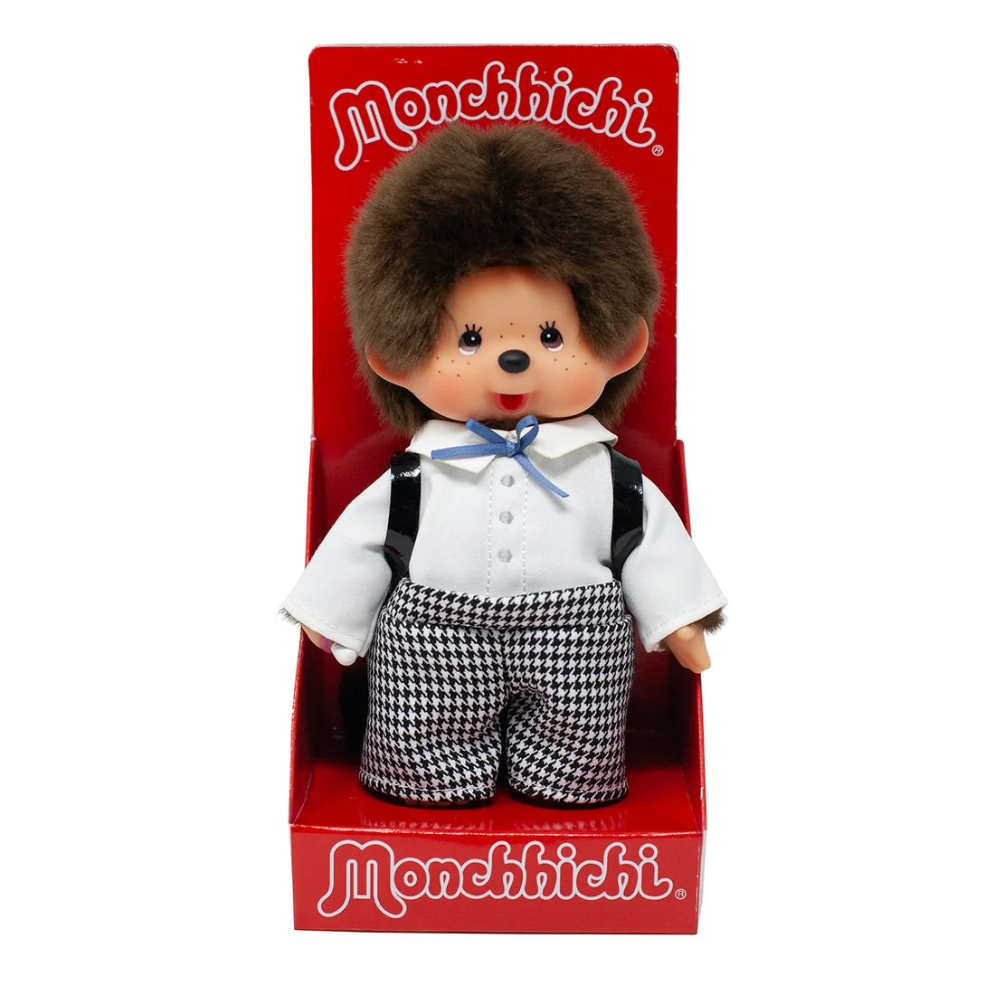 Monchhichi Japanese Style School Bag Boy 8-Inch Plush in red display packaging