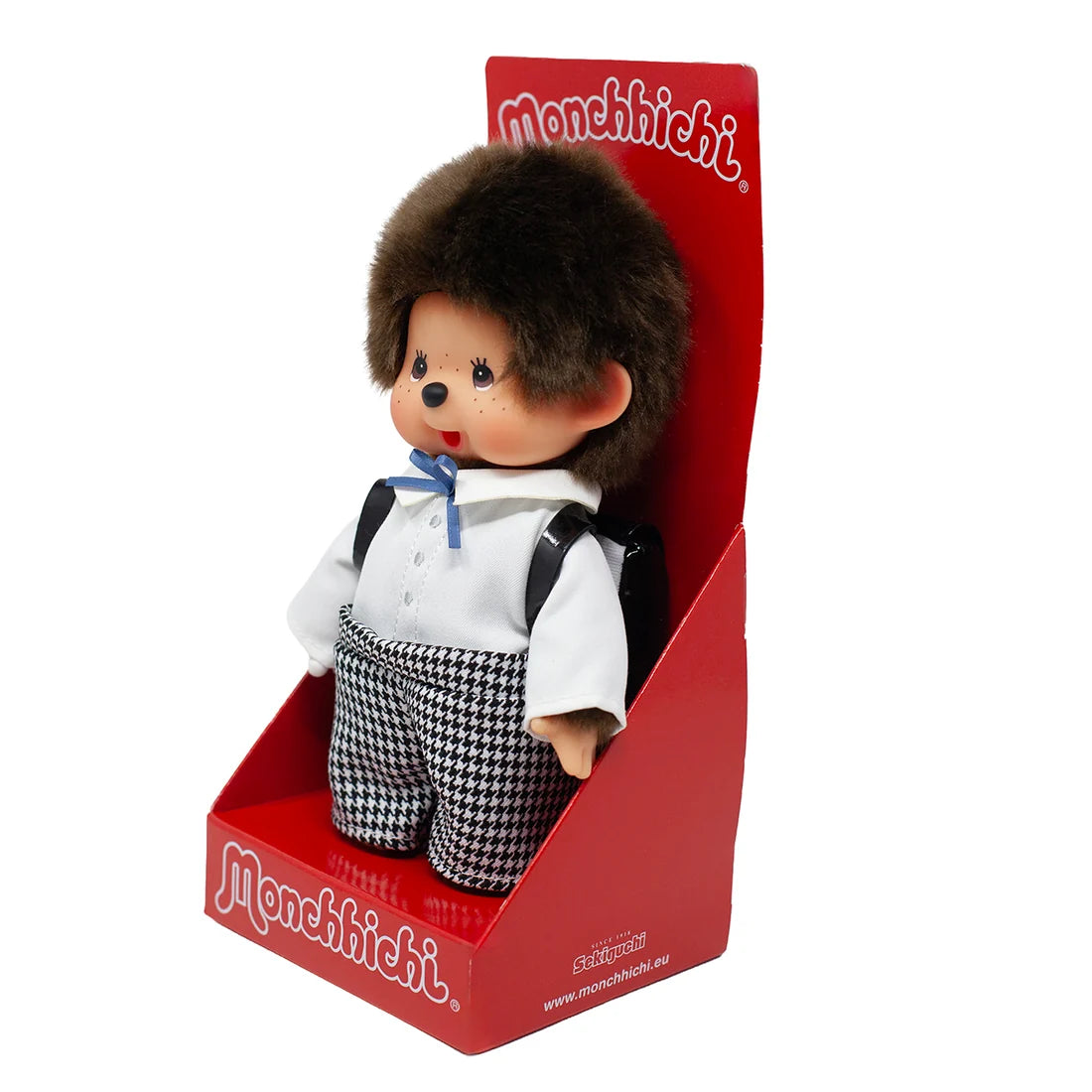 Monchhichi Japanese Style School Bag Boy 8-Inch Plush in red display packaging