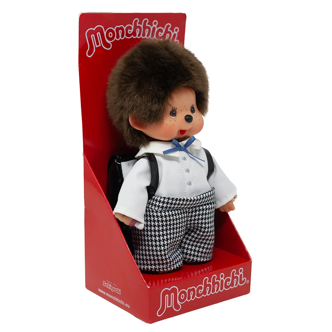 Monchhichi Japanese Style School Bag Boy 8-Inch Plush in red display box