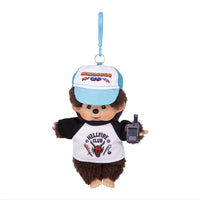 Monchhichi plush character wearing a cap and Hellfire Club shirt, holding a walkie-talkie with a keychain loop