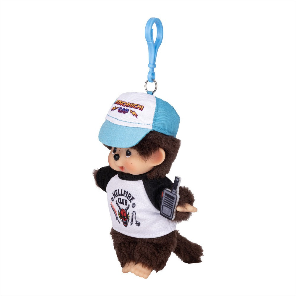 Monchhichi plush keychain wearing a blue cap and Hellfire Club shirt