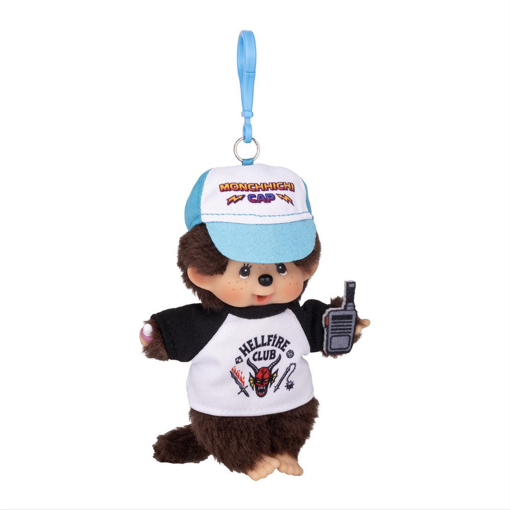 Monchhichi plush keychain wearing a blue cap and Hellfire Club shirt while holding a walkie talkie