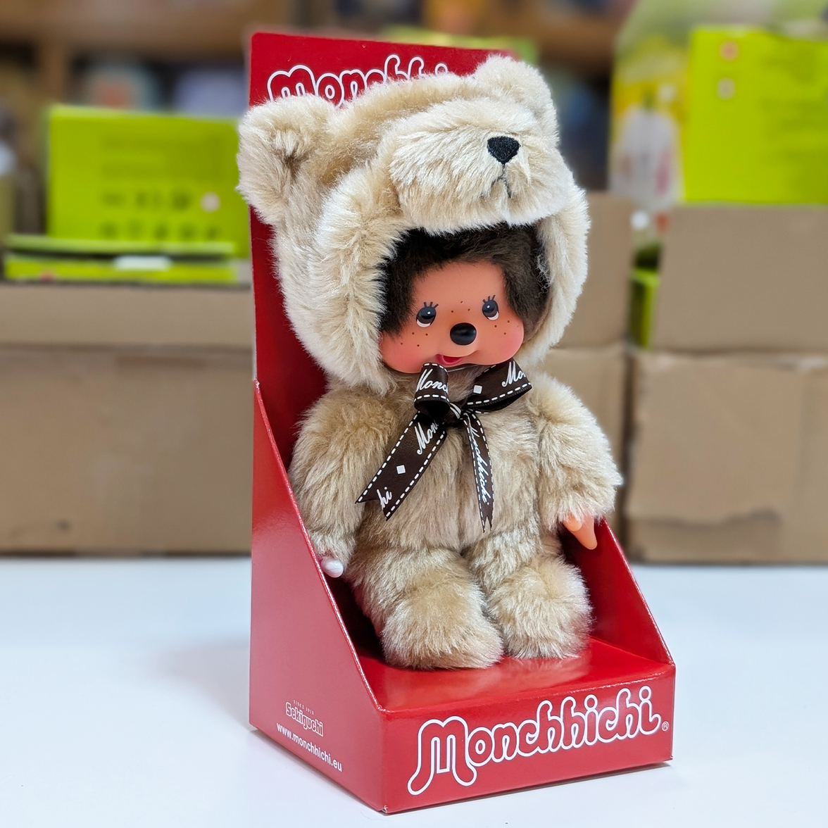 Official Sekiguchi Monchhichi 8-inch Animal Friends Teddy Bear plush doll wearing a brown bear hood, often searched as Monchichi.