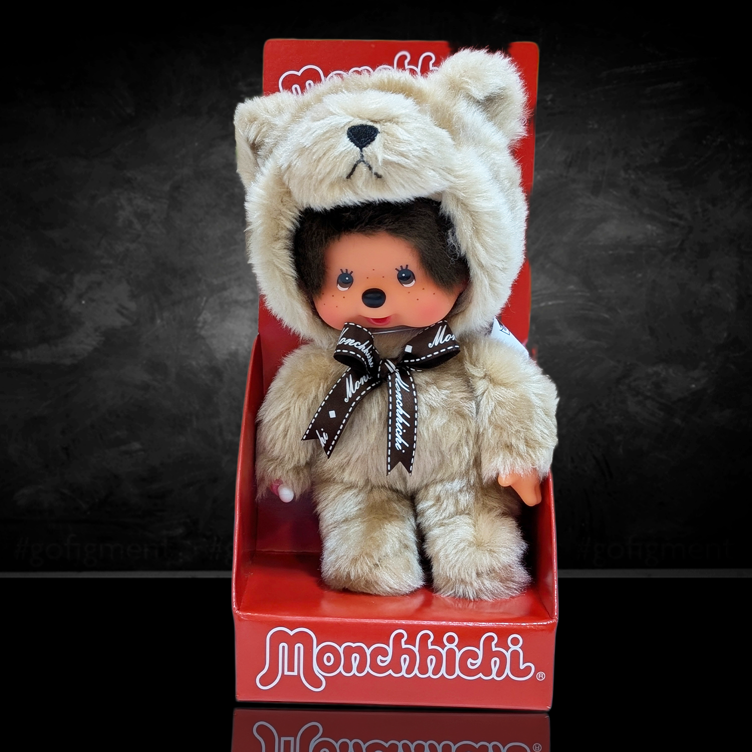 Official Sekiguchi Monchhichi 8-inch Animal Friends Teddy Bear plush doll wearing a brown bear hood, often searched as Monchichi.