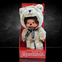 Official Sekiguchi Monchhichi 8-inch Animal Friends Teddy Bear plush doll wearing a brown bear hood, often searched as Monchichi.