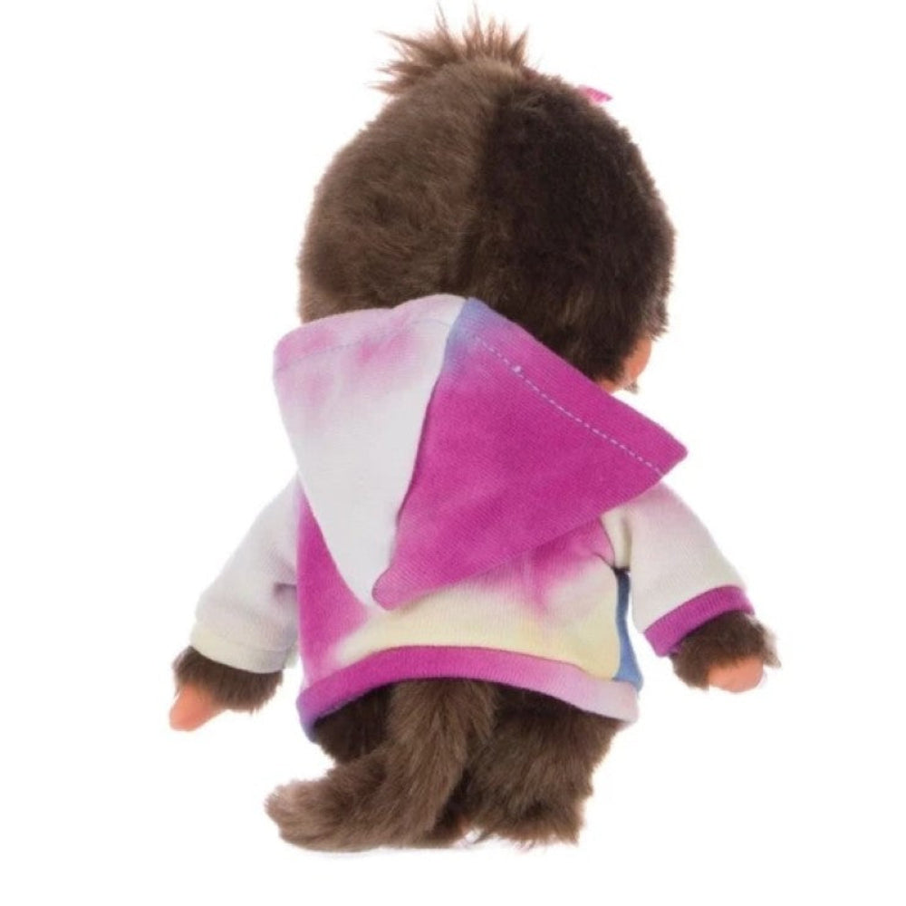 A small brown plush toy or doll shown from the back, wearing a pink, purple, and white hooded jacket, isolated on a white background.