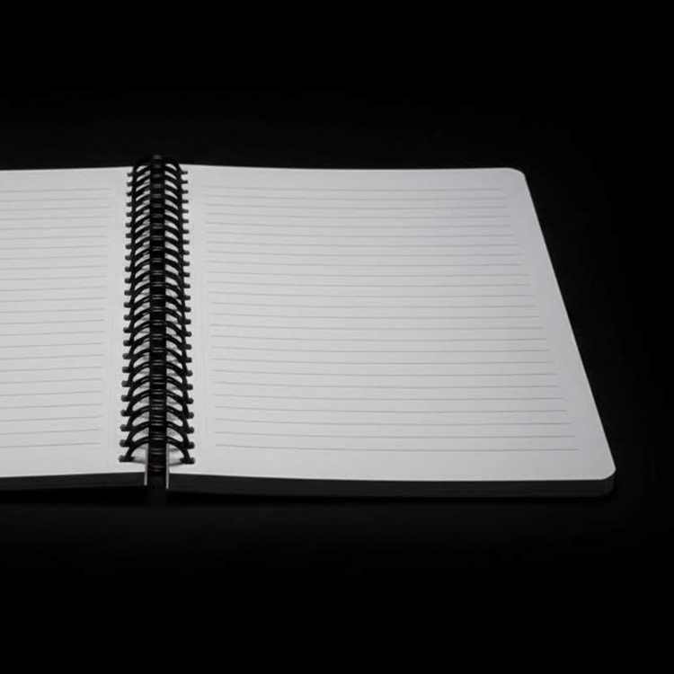Go Figment Monchhichi open spiral notebook showing lined cream-colored pages on black background