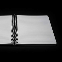 Go Figment Monchhichi open spiral notebook showing lined cream-colored pages on black background