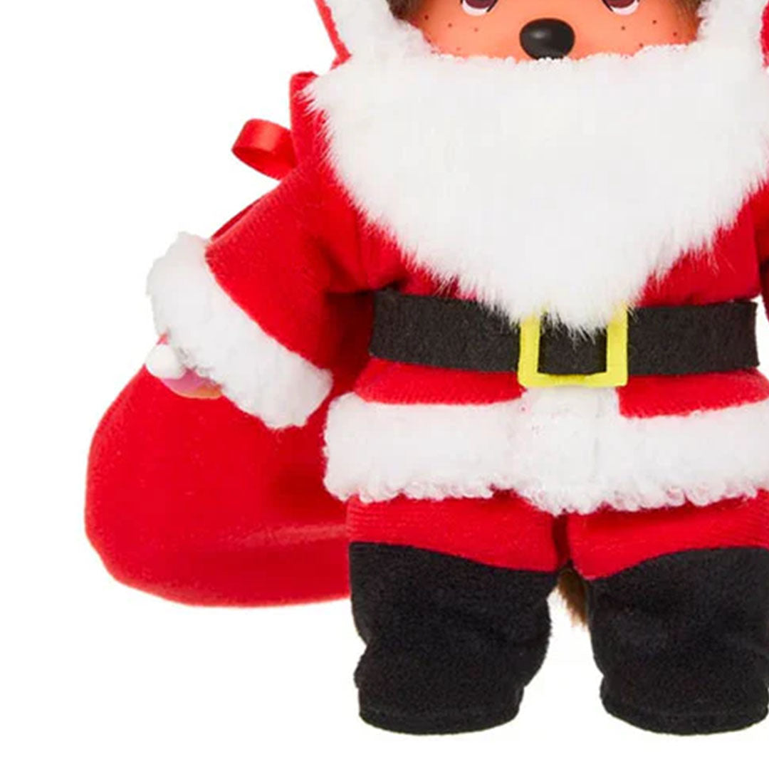 Sekiguchi Monchhichi Boy plush dressed as Santa Claus wearing red suit and black belt 8 inch monkey doll