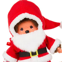 Sekiguchi Monchhichi Boy Santa Claus plush monkey doll wearing red outfit with white trim and black belt