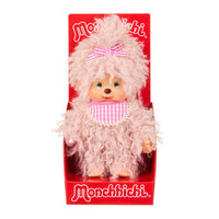 Sekiguchi Monchhichi plush monkey in fluffy pink beige fur with pink gingham bow and bib in branded display box