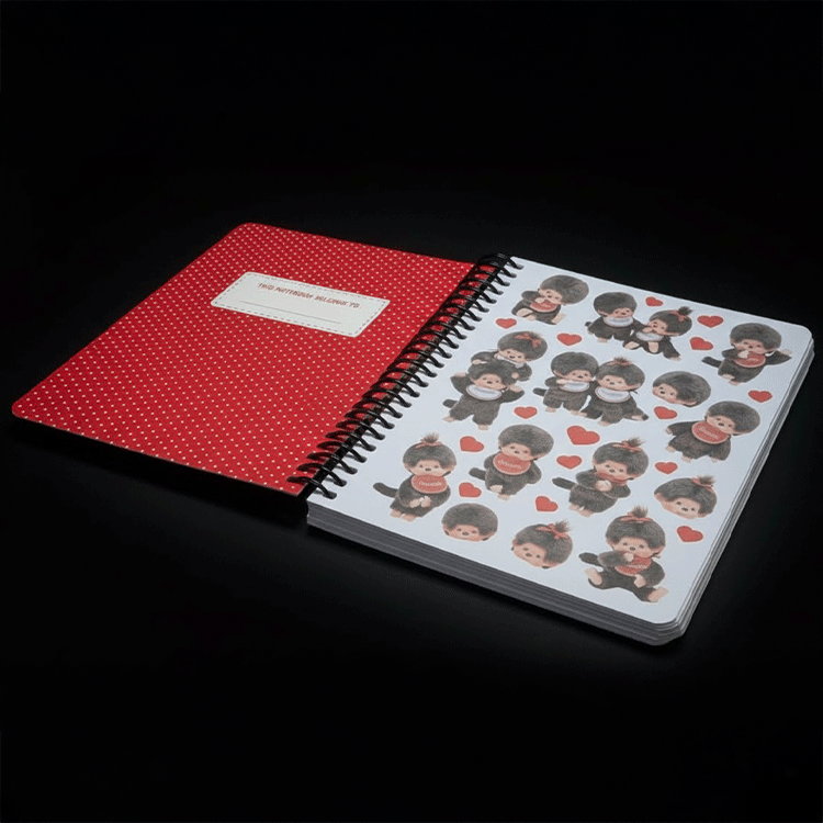 Go Figment Monchhichi red spiral notebook with kawaii character stickers and polka dot inner cover design