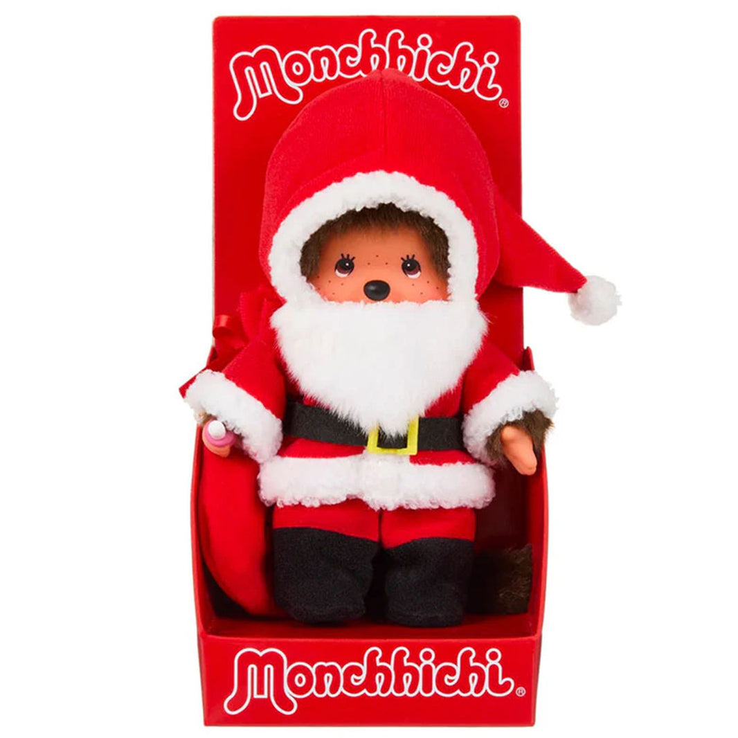 Sekiguchi Monchhichi Boy Santa Claus plush monkey doll wearing red Santa outfit in branded packaging