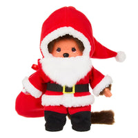 Sekiguchi Monchhichi Boy Santa Claus plush 8 inch monkey doll wearing red suit with white trim and black belt