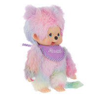 Sekiguchi Monchhichi 8 inch tie-dye girl plush doll with soft fur and purple bib sitting on white background