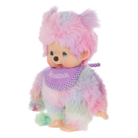 Sekiguchi Monchhichi 8 inch plush doll with pastel tie-dye fur and purple bib on white background