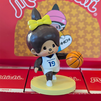 Sekiguchi Girl Monchhichi basketball player vinyl figure with yellow bow, dribbling basketball on yellow stand.