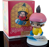 Sekiguchi Monchhichi Boy Snowboarding vinyl figure with pink helmet and blue snowboard on white snow-themed base