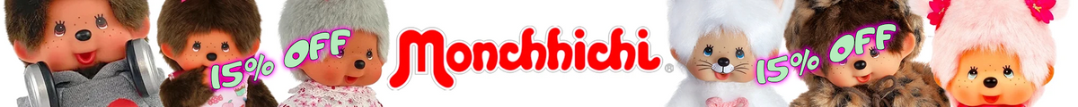 Monchhichi dolls surrounding the Monchhichi logo and 15% OFF text