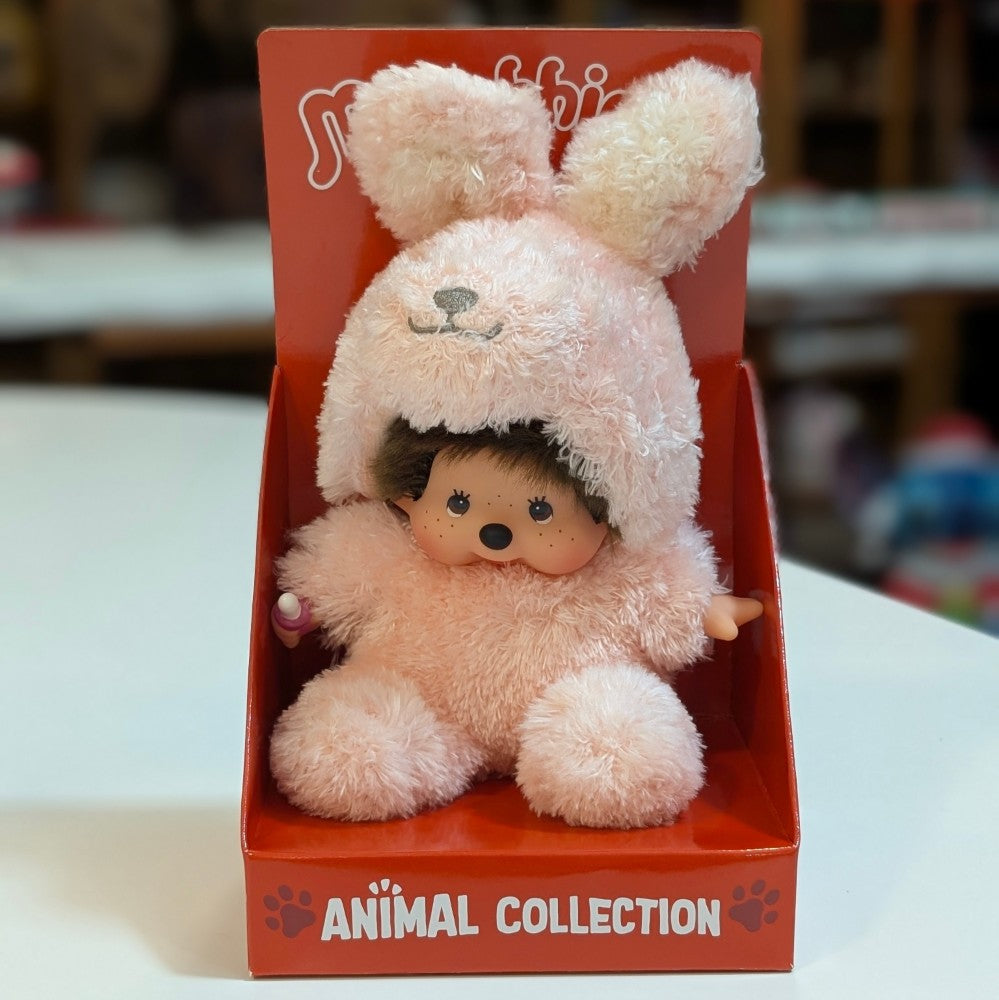 Sekiguchi Monchhichi plush doll in fluffy pink bunny costume sitting in red Animal Collection display box