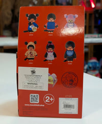 Sekiguchi Monchhichi collectible doll plush display packaging showing six different character designs on red background