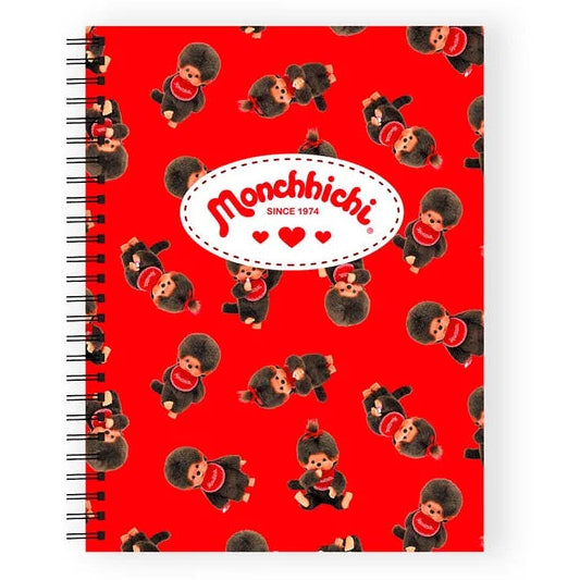 A spiral-bound notebook with a bright red cover featuring a repeating pattern of the Monchichi cartoon bear character and a central white oval logo reading 'Monchichi Since 1974'.