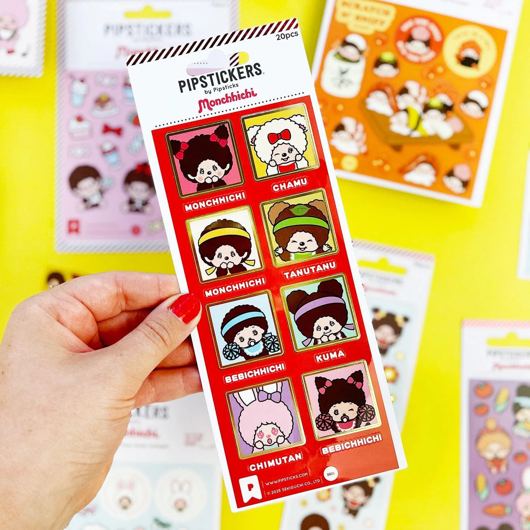 Monchhichi & Friends 7" Pipsticks Sticker Sheet Gold Foil featuring colorful character stickers