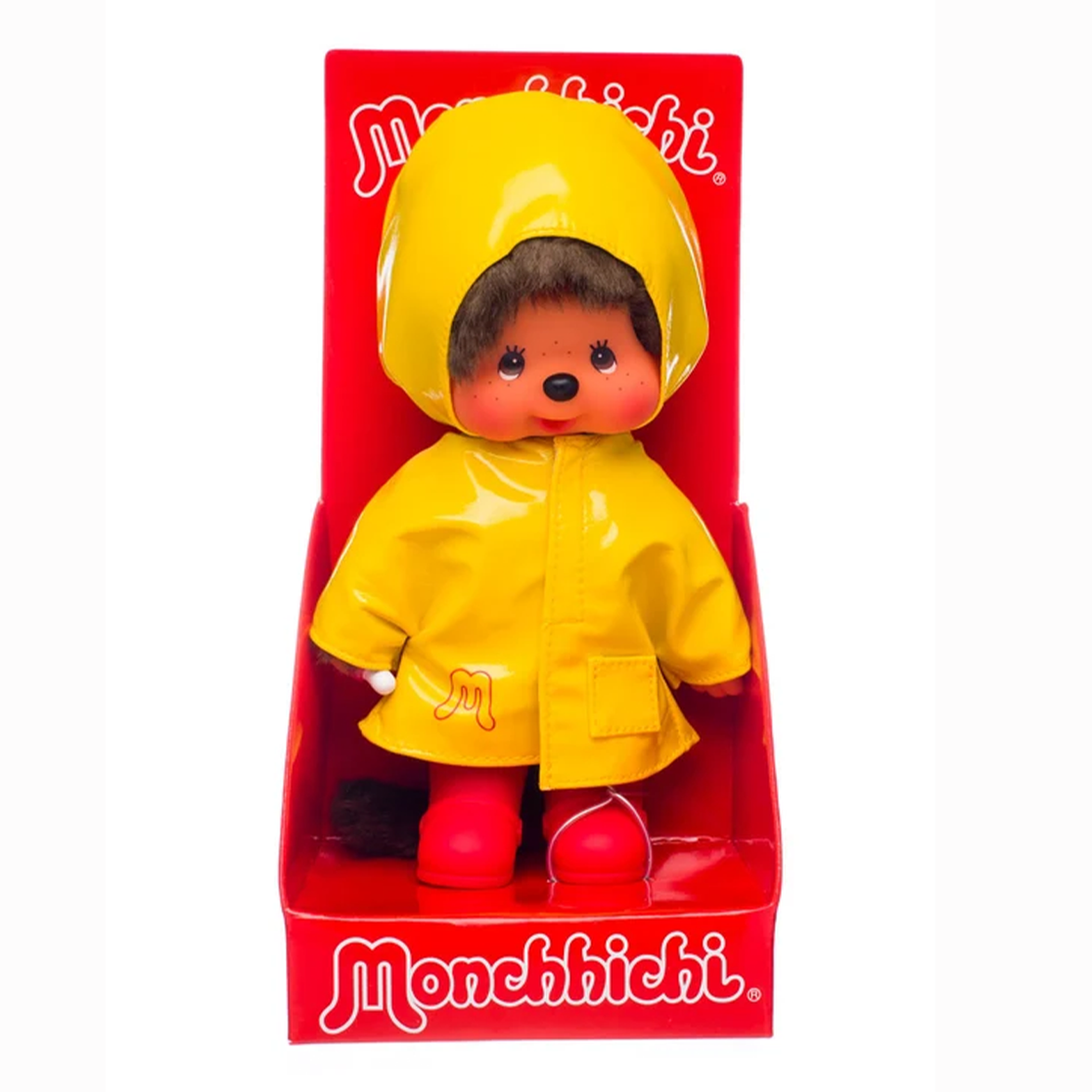 8" Monchhichi Yellow Raincoat Sekiguchi Plush Doll Boy with Brown Eyes in original packaging