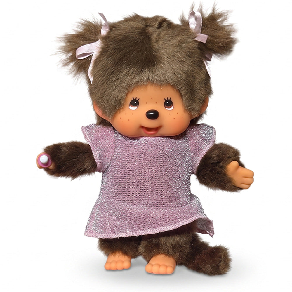 8" Monchhichi Classic Brown Girl in Pink Glitter Dress With Brown Eyes and Pigtails by Sekiguchi