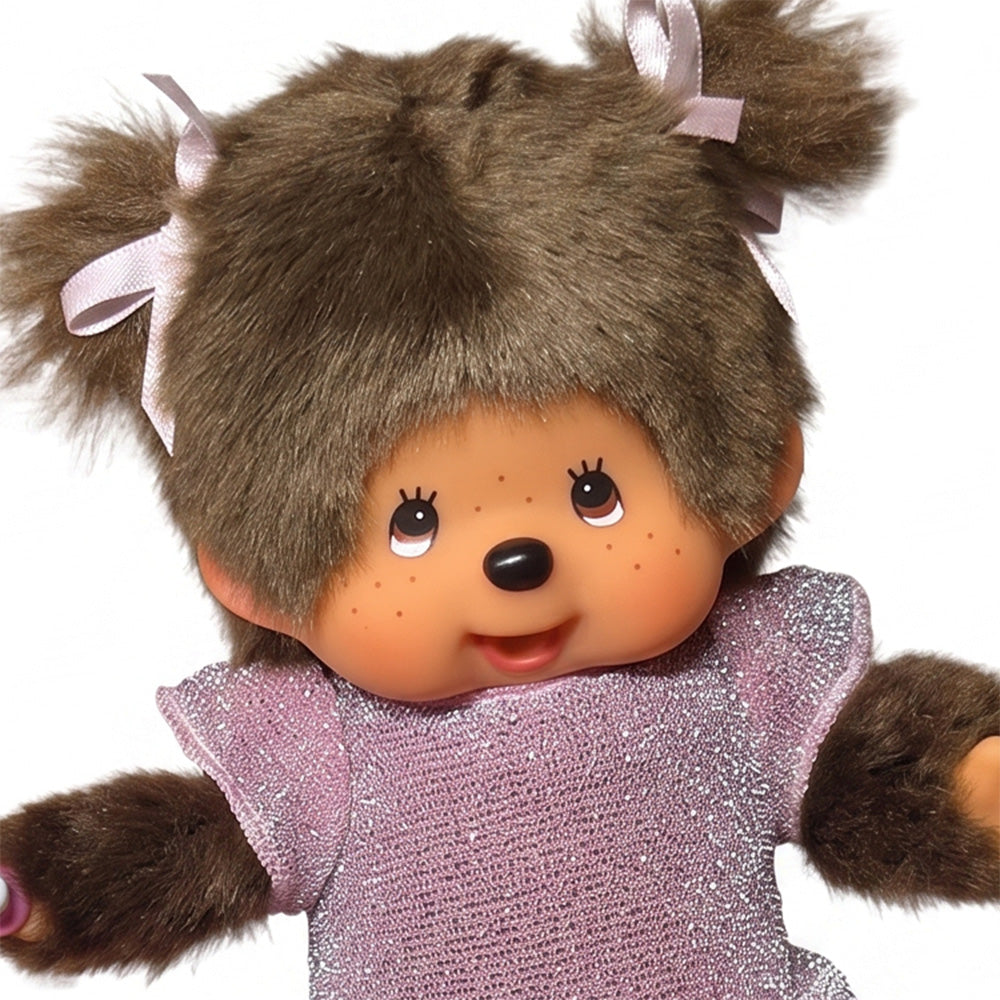 8" Monchhichi Classic Brown Girl in Pink Glitter Dress With Brown Eyes and Pigtails Sekiguchi collectible doll