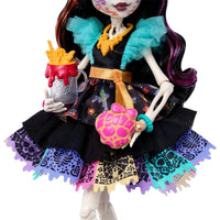 Skelita Calaveras - Moonspell Magic by Monster High 10.5 Inces IN-HAND doll by Mattel holding themed accessories.