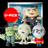 Go Figment Universal Monsters Series 4 bag clips featuring Dracula, Frankenstein, Mummy, and Invisible Man figures in blind box packaging