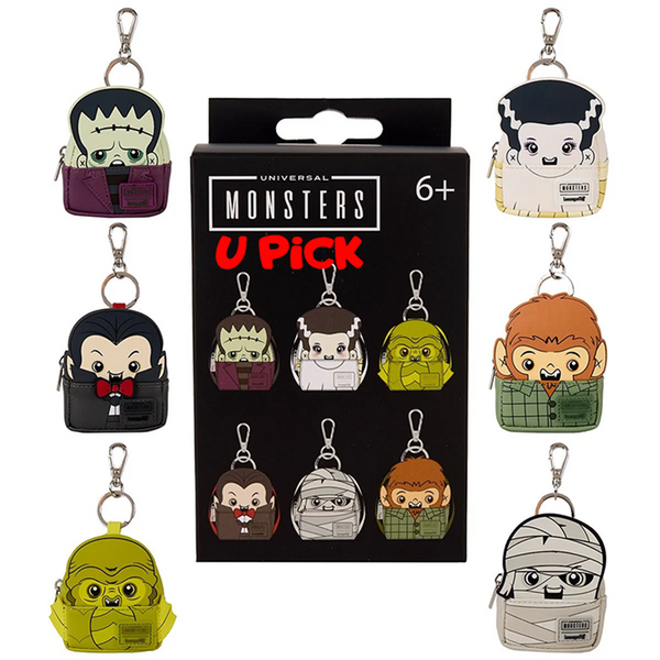 Universal Monsters U-PICK Loungefly Mini-Backpack Mystery Box Bag Charm Key Chain featuring collectible monster characters