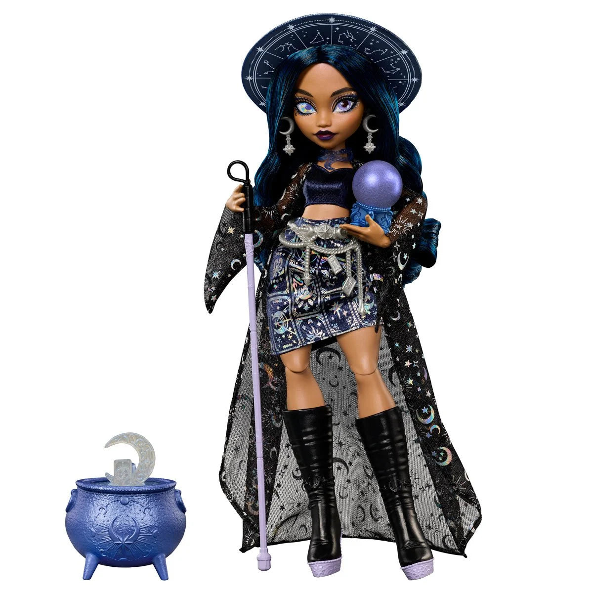 Doll with dark hair wearing celestial-themed outfit, holding a purple orb and staff, standing next to a blue cauldron.