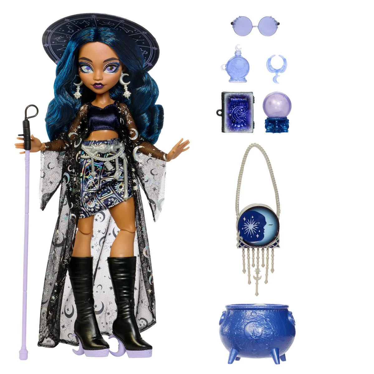 Doll with dark blue hair, moon-patterned outfit, accessories including sunglasses, potion bottles, book, purse, and cauldron.