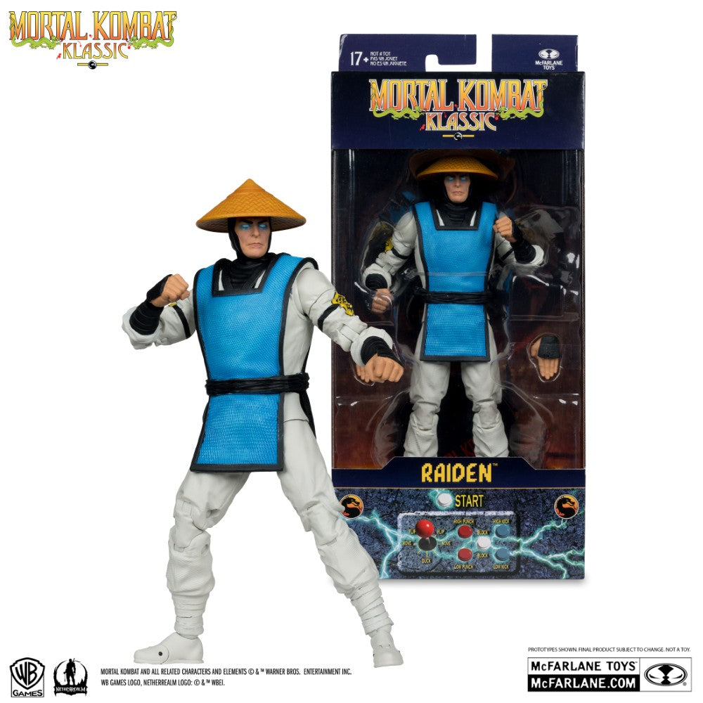 7 inch McFarlane Raiden Mortal Kombat Klassic action figure in blue and white outfit with hat in packaging