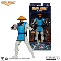 7 inch McFarlane Raiden Mortal Kombat Klassic action figure in blue and white outfit with hat in packaging