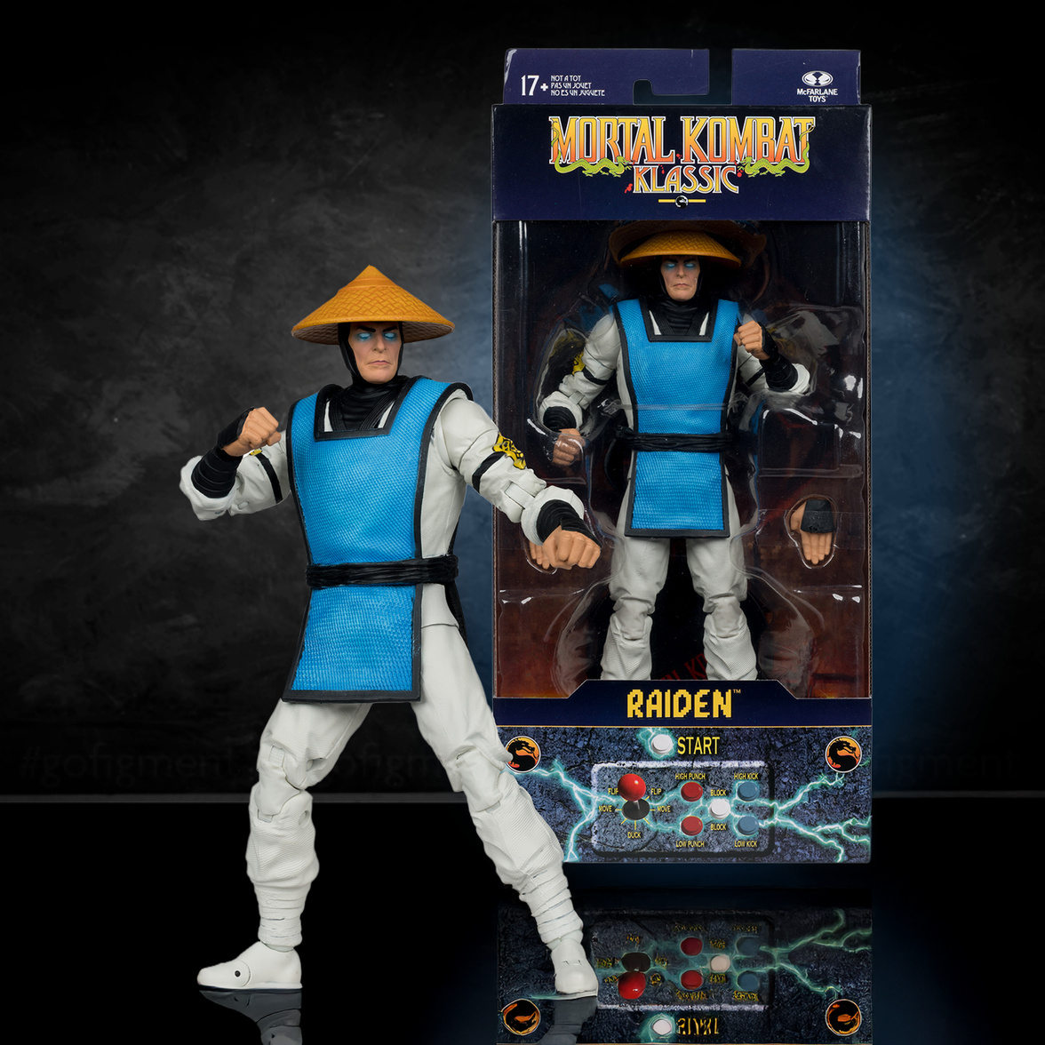 7 inch McFarlane Raiden Mortal Kombat Klassic action figure with blue outfit and straw hat in original packaging
