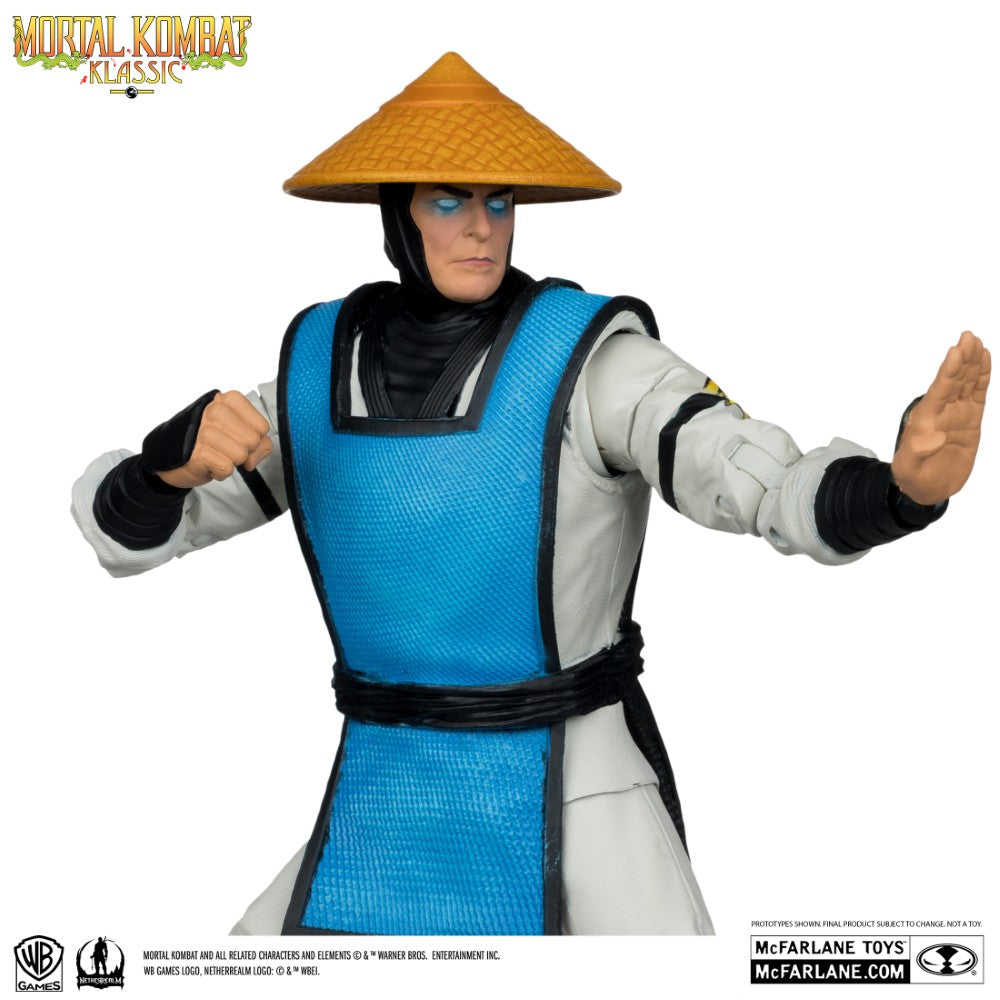 7 inch McFarlane Raiden Mortal Kombat Klassic action figure in blue and white outfit with conical hat