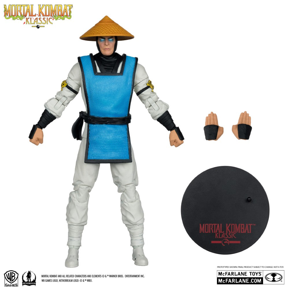 7 inch McFarlane Raiden Mortal Kombat Klassic action figure with conical hat, two interchangeable hands, and display base