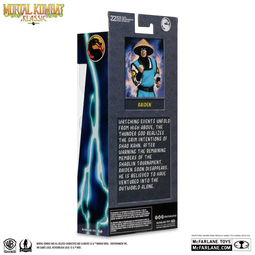 McFarlane Raiden Mortal Kombat Klassic 7 inch action figure packaging back with character bio and lightning design