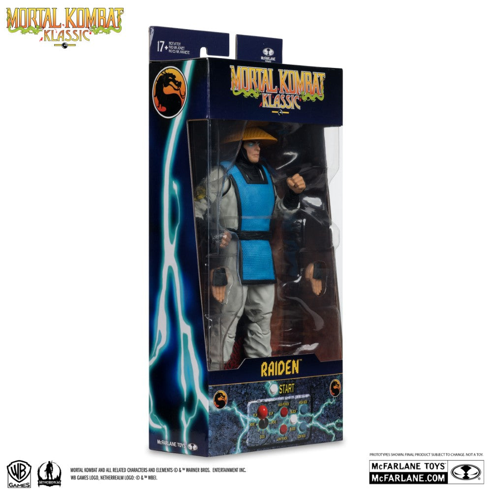 McFarlane Raiden Mortal Kombat Klassic 7-inch action figure in original packaging with lightning and game control artwork